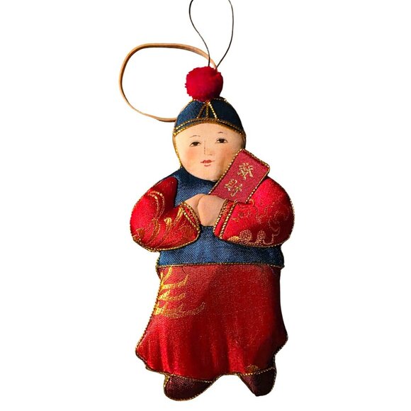 4 Vintage Ornament Dolls Fabric Asian-Inspired In Red & Blue With Gold Accents - Picture 3 of 8